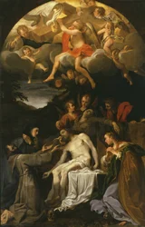 La lamentation sur le Christ mort avec des saints